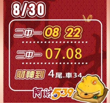 2022/08/30 今彩539阿財版路-二中一*2+尾數