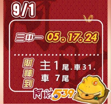 2022/09/01 今彩539阿財版路-三中一+尾數