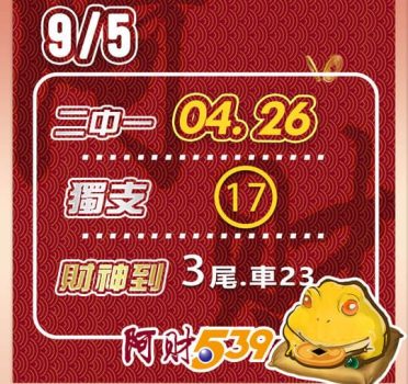 2022/09/05今彩539阿財版路-二中一+獨支+尾數