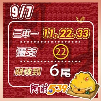 2022/09/07今彩539阿財版路-三中一+獨支+尾數