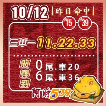 2022/10/12今彩539阿財版路-三中一+尾數