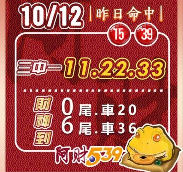 2022/10/12今彩539阿財版路-三中一+尾數