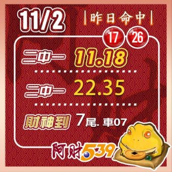 2024/11/02今彩539阿財版路-二中一+尾數