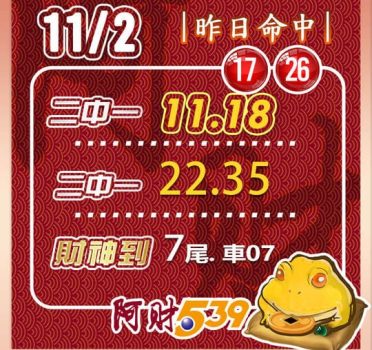 2024/11/02今彩539阿財版路-二中一+尾數