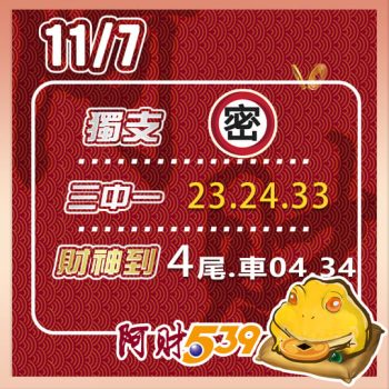 2024/11/07今彩539阿財版路-三中一+尾數